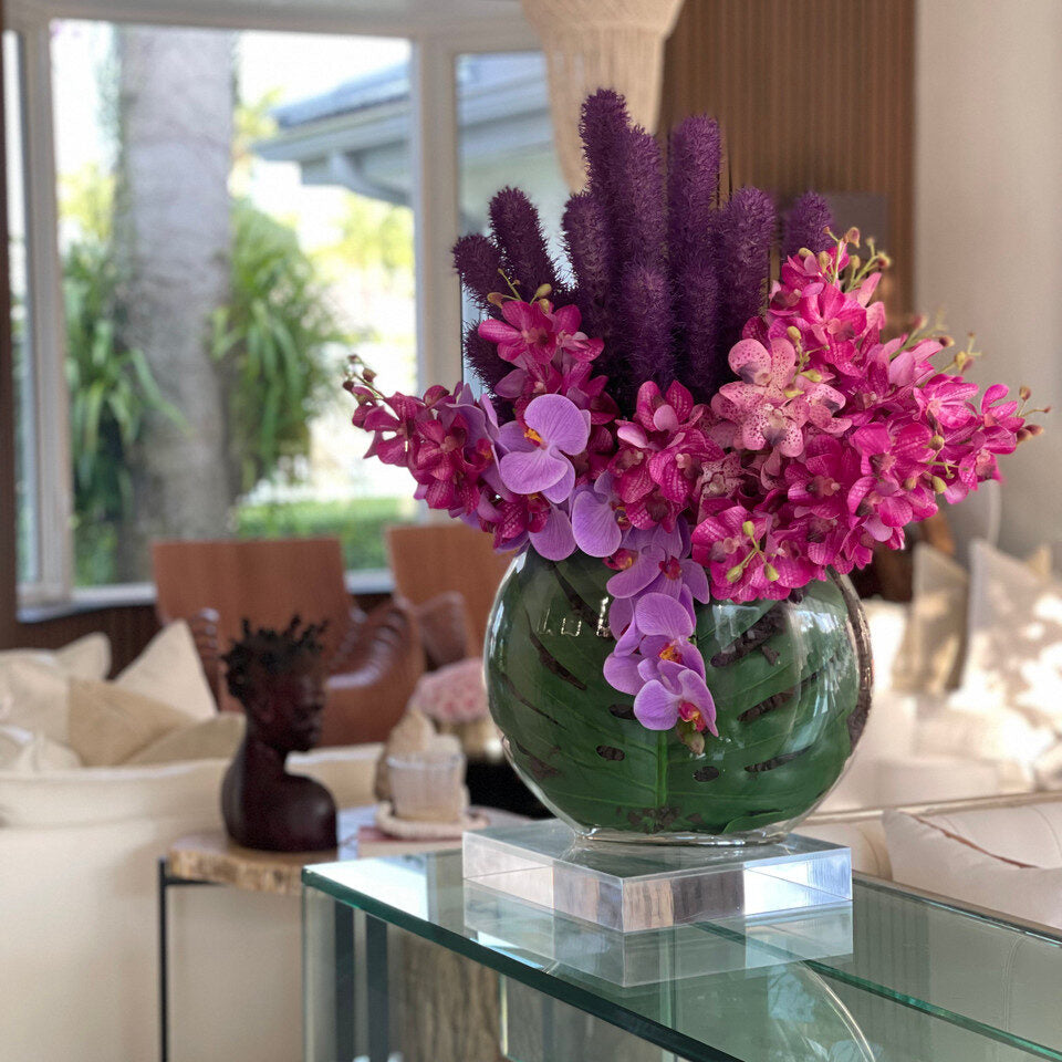 Vase Lune avec orchidées Liatris et Vanda