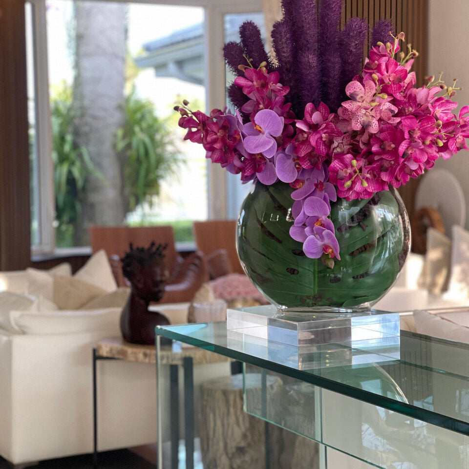 Vase Lune avec orchidées Liatris et Vanda