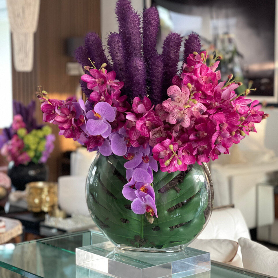 Vase Lune avec orchidées Liatris et Vanda