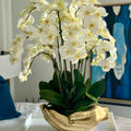 Orchidées Phalaenopsis blanches dans un vase sculpture doré en forme de mains ouvertes