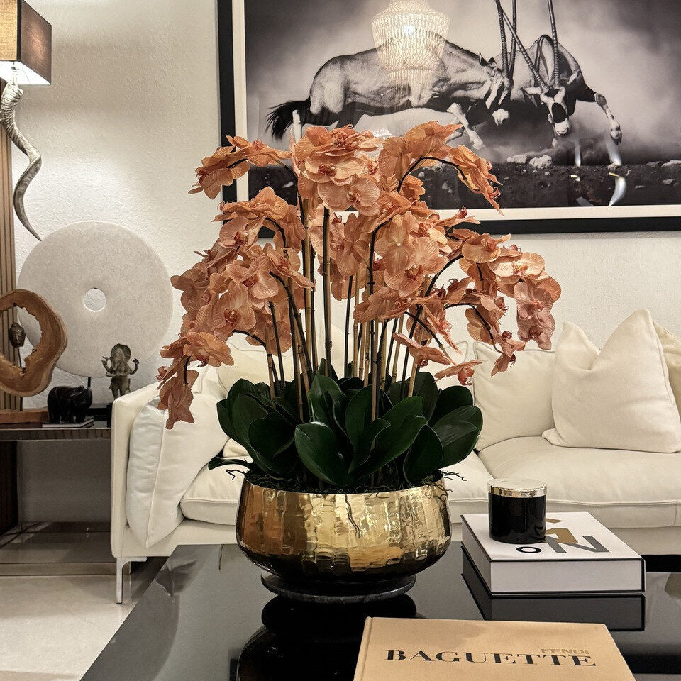 Orchidées brun clair dans un bol Roberi doré