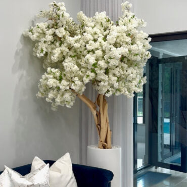 Jardinière St. Tropez blanc mat avec cerisier en fleurs blanc sur mesure