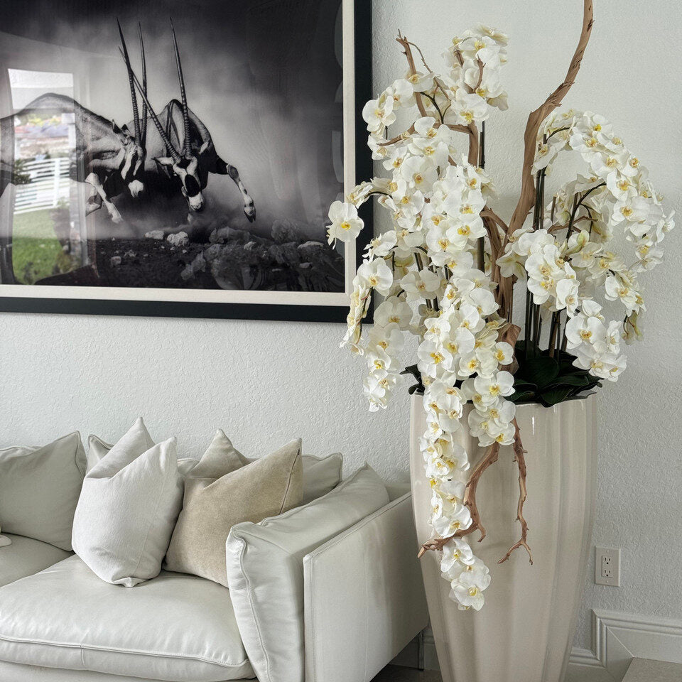 Jardinière San José couleur sable beige avec orchidées blanches en cascade
