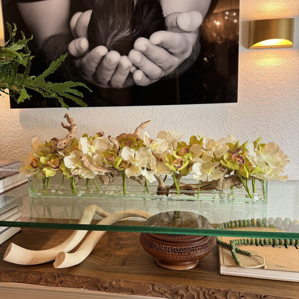 Maison moderne avec des Vandas blanches et des Cymbidiums verts