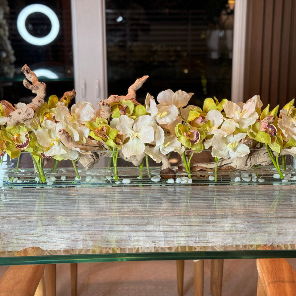 Maison moderne avec des Vandas blanches et des Cymbidiums verts