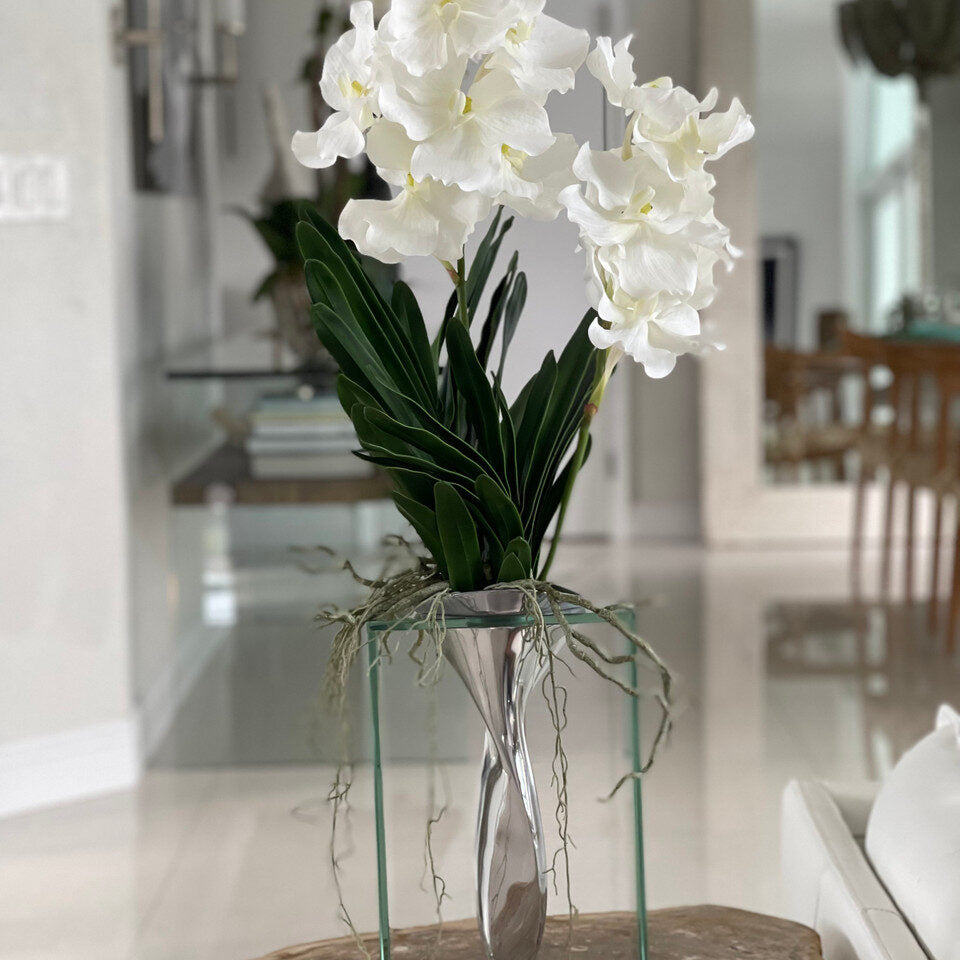 Vase flottant en aluminium Elvis avec orchidées Vanda artificielles