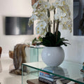 Bol en fibre de verre Beth avec orchidées Phalaenopsis et feuillage
