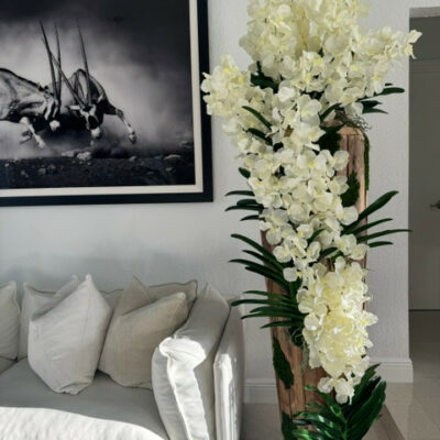 Grand vase en teck à bord naturel avec orchidées Vanda blanches