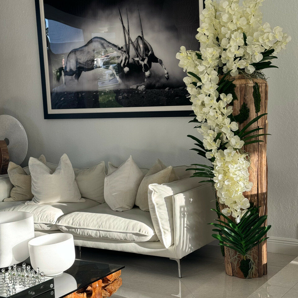 Grand vase en teck à bord naturel avec orchidées Vanda blanches