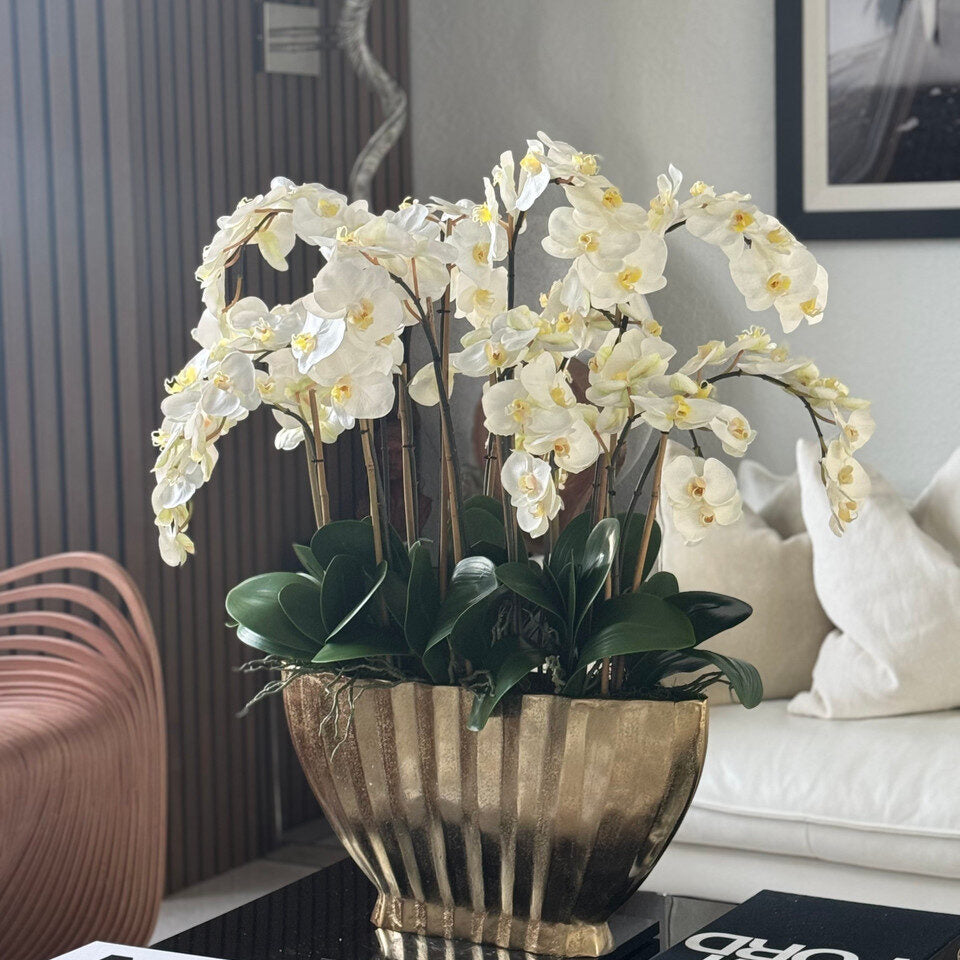 Vase Vivien Gold avec orchidées Phalaenopsis blanches