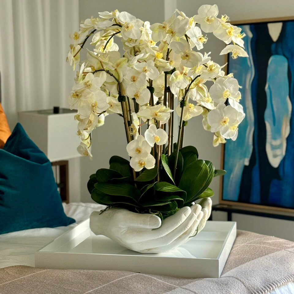 Orchidées Phalaenopsis blanches dans un vase sculpture en forme de mains ouvertes blanches