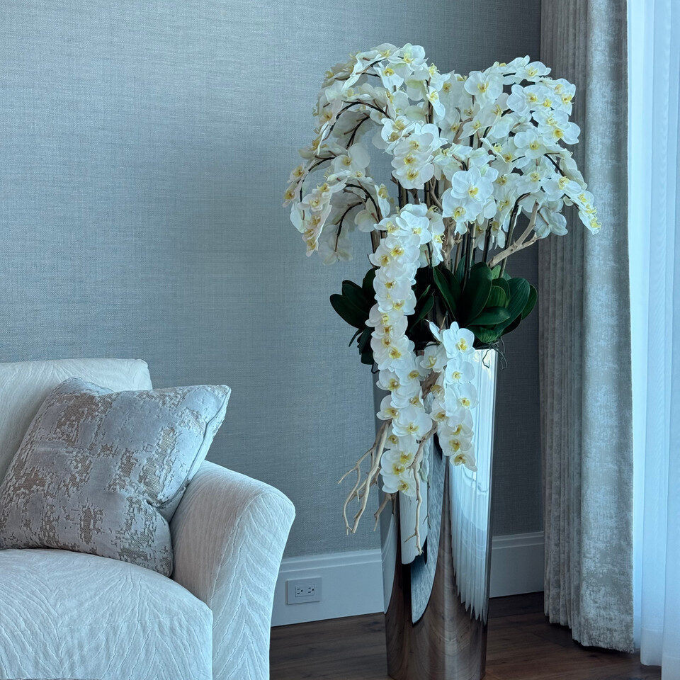 Orchidées Phalaenopsis en cascade dans un cône effilé en acier inoxydable poli