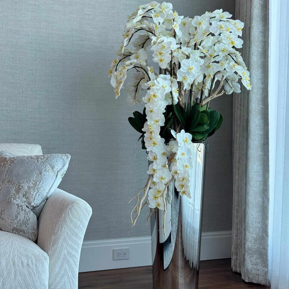 Orchidées Phalaenopsis en cascade dans un cône effilé en acier inoxydable poli