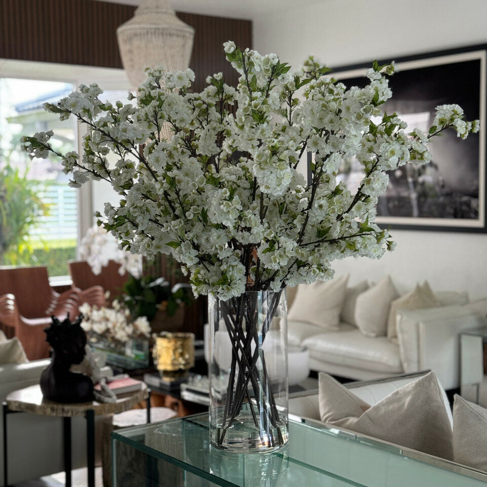 White Cherry Blossoms In 16″ Glass Cylinder