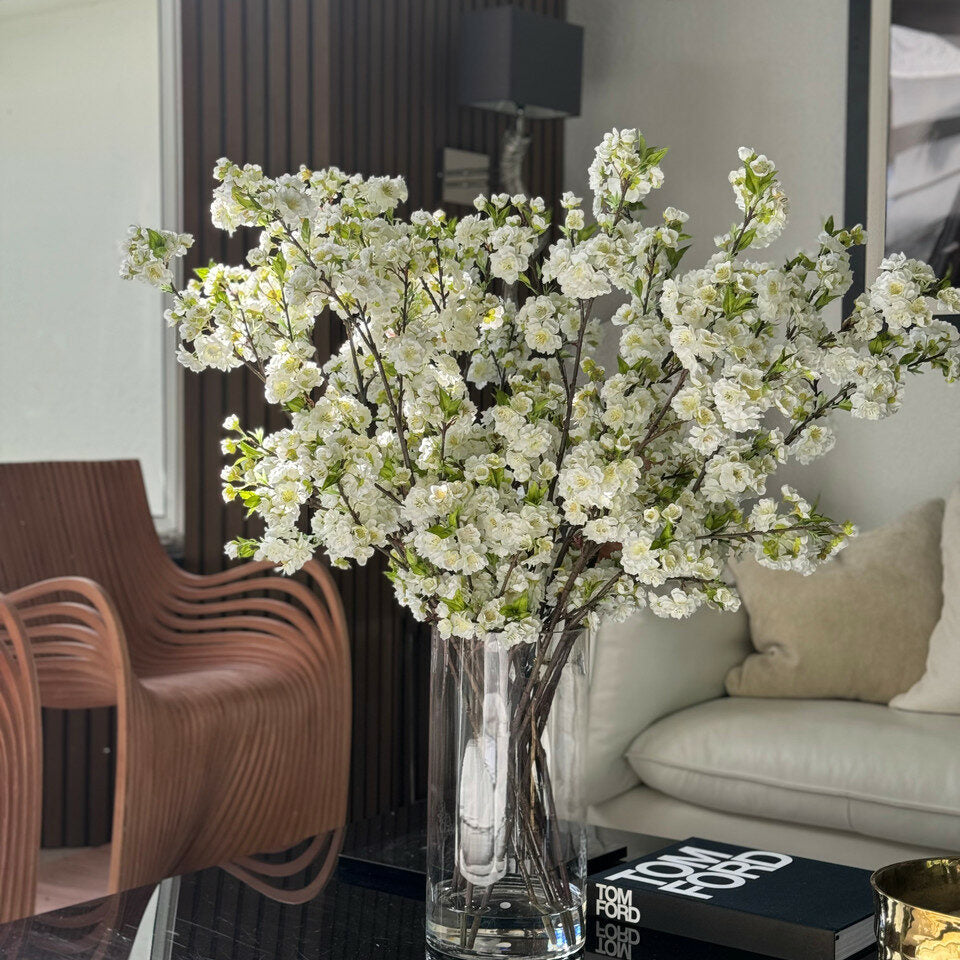 White Cherry Blossoms In 16″ Glass Cylinder