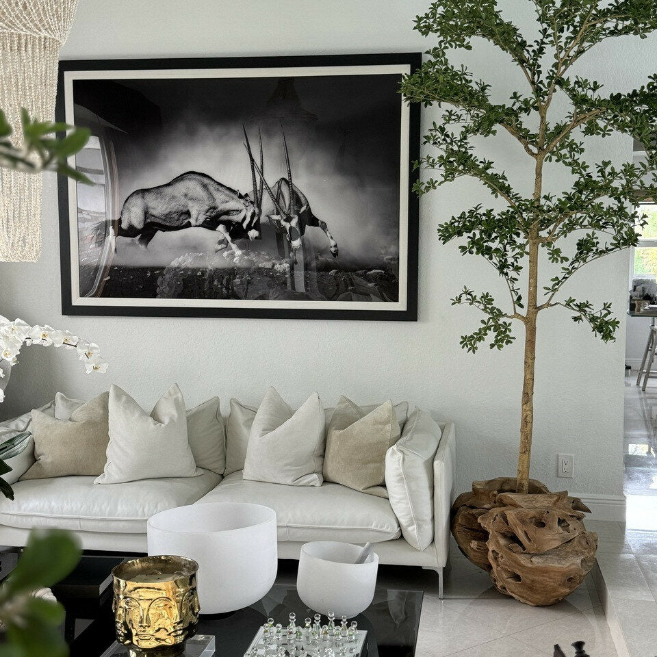 Jardinière unique en teck sculptée à la main avec un arbre Shady Lady de 2,13 m
